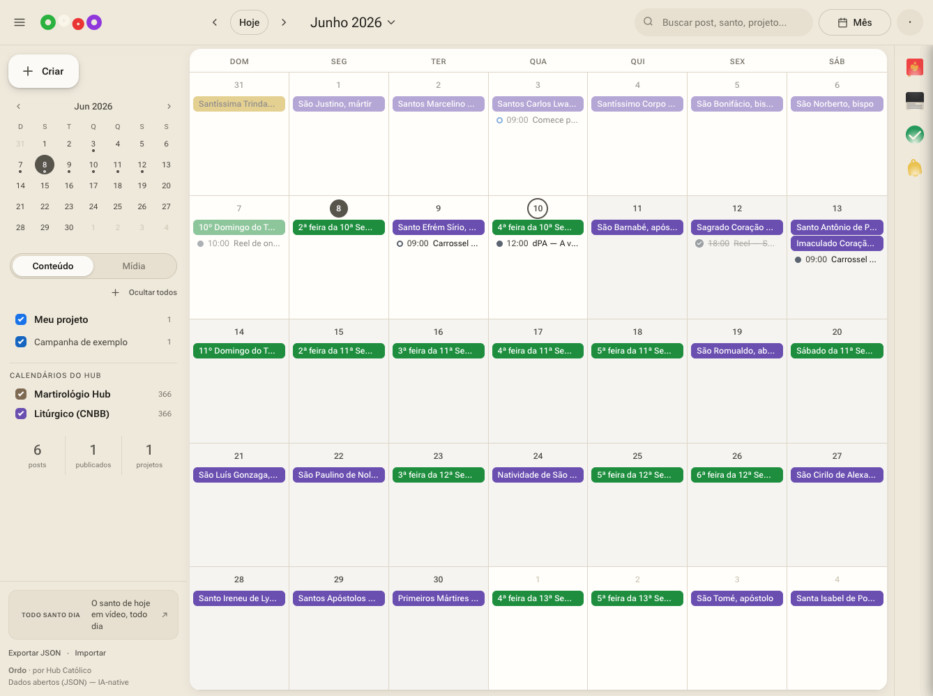 Visão geral do Ordo: calendário do mês com posts planejados, calendário litúrgico e santos do dia.