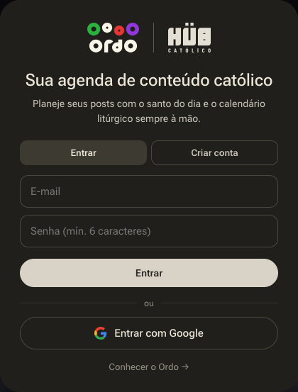 Tela de acesso do Ordo: abas Entrar e Criar conta, campos de e-mail e senha, e o botão Entrar com Google.