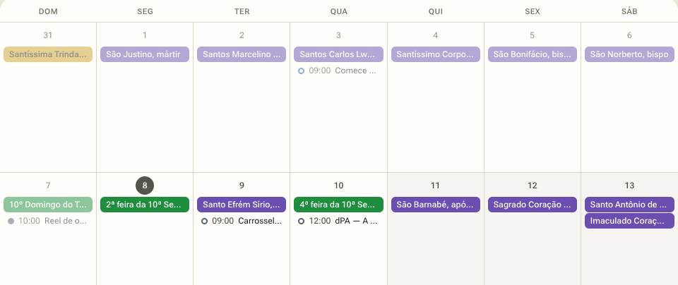 Calendário na visão Conteúdo: a peça do dPA aparece uma única vez, no dia da âncora.