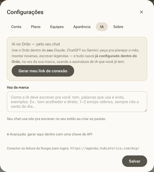Configurações → IA: 'IA no Ordo pelo seu chat' e o botão Gerar meu link de conexão.