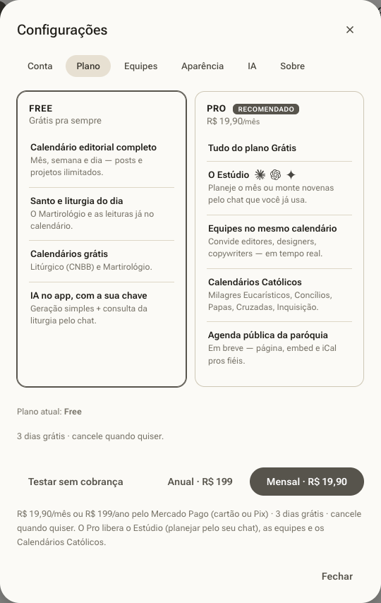 Equipes no mesmo calendário aparece como recurso do plano Pro.