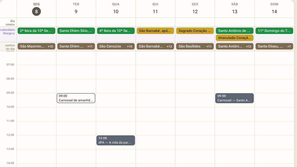 Visão Semana com a linha do tempo por hora.
