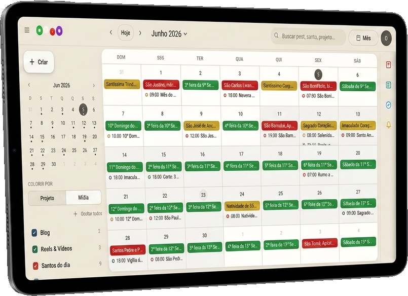 Ordo num iPad, mostrando o calendário de junho com os santos do dia e as pautas