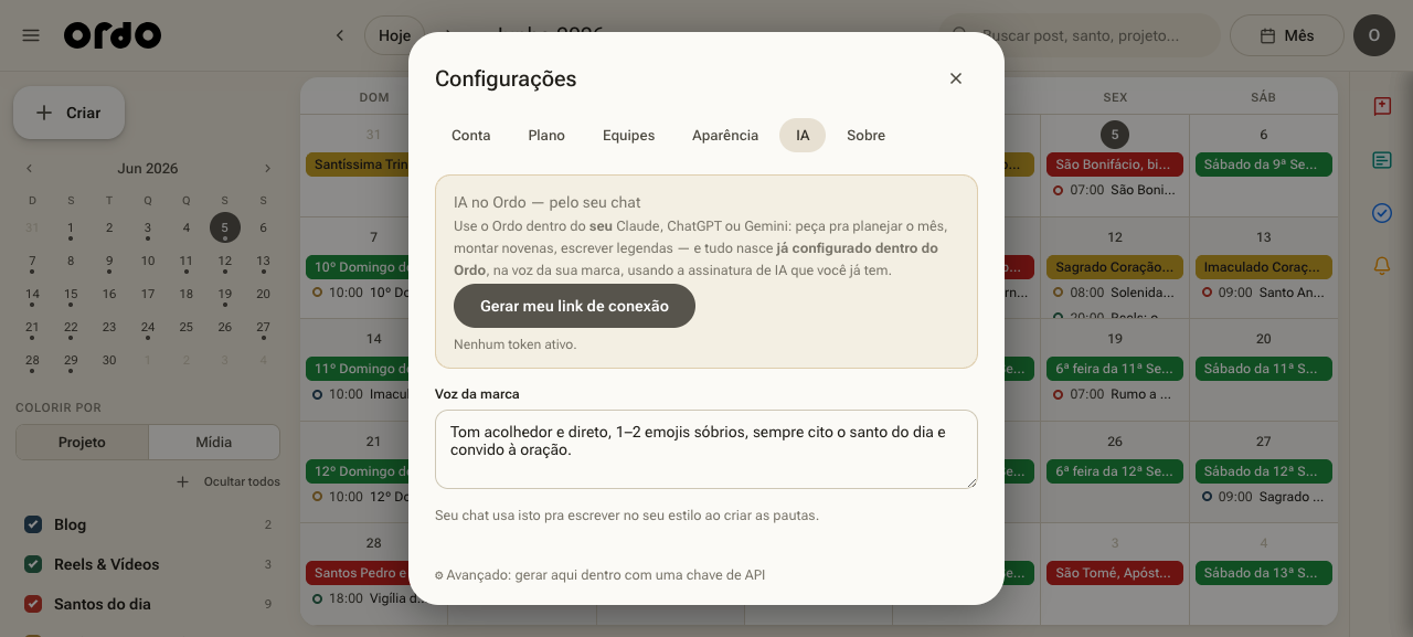 Tela do Ordo para conectar o seu chat de IA